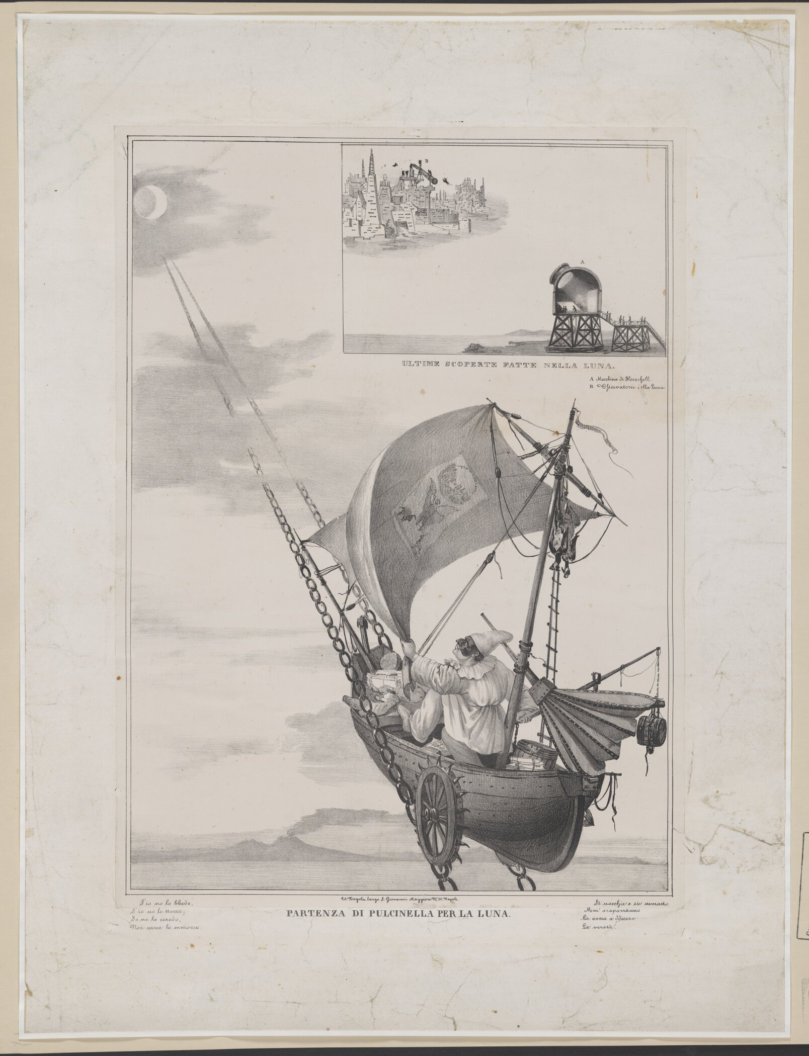 Italian lithograph showing Pulcinella traveling toward the Moon while the hoax's lunar creatures appear in an inset