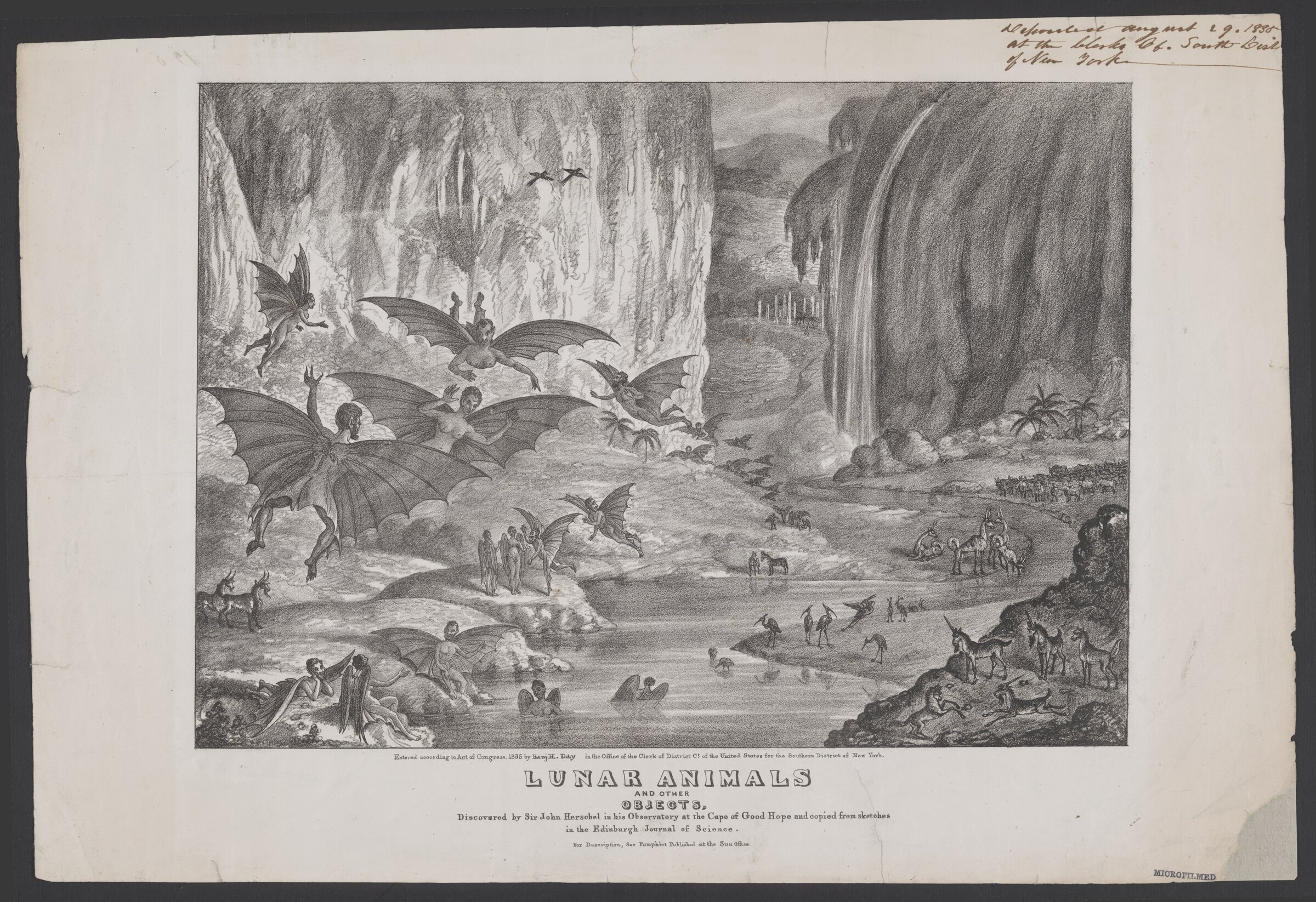 Hand-colored 1836 lithograph depicting the creatures and landscape of the Great Moon Hoax