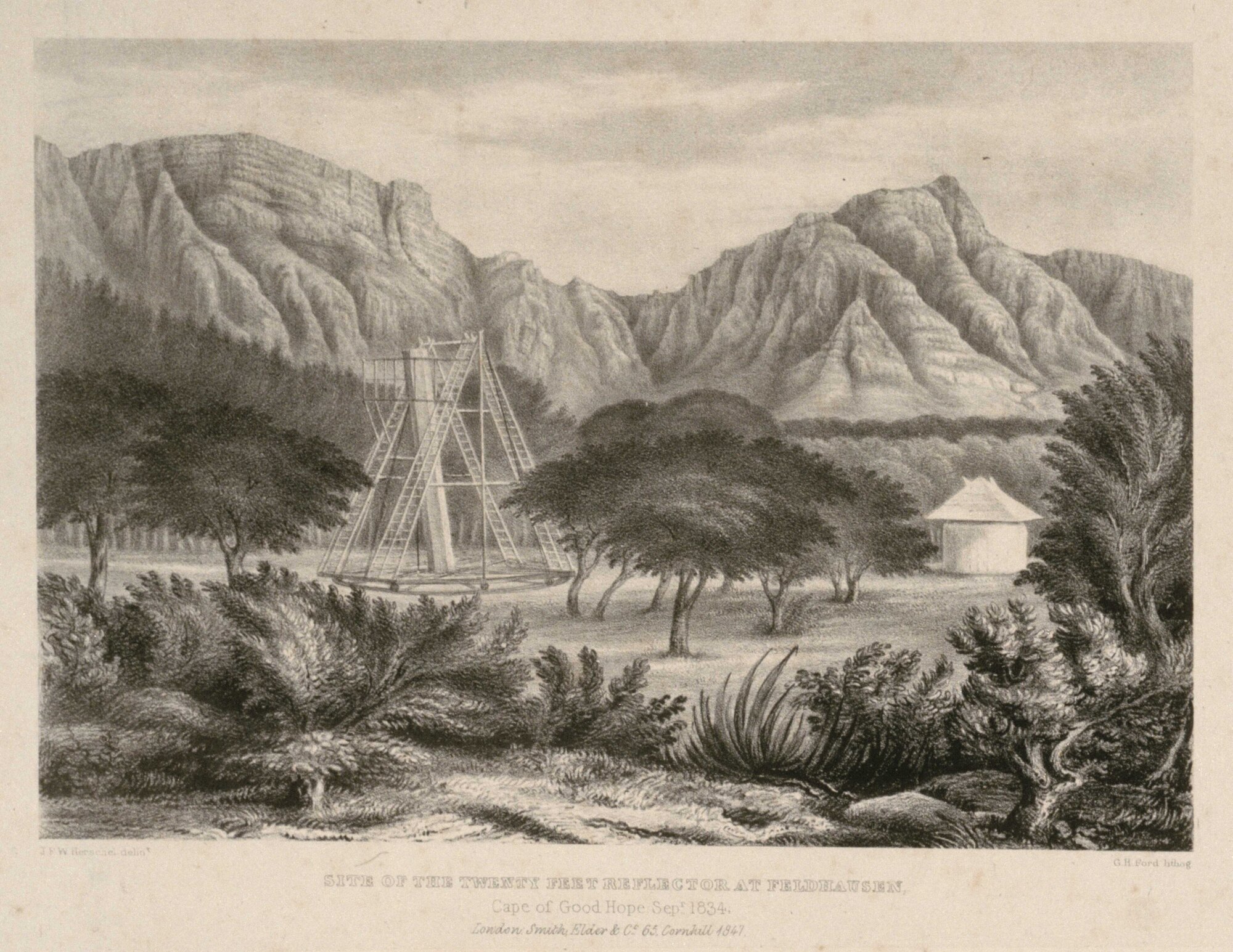 Historical engraving of Sir John Herschel's real twenty-foot reflector at Feldhausen, Cape of Good Hope